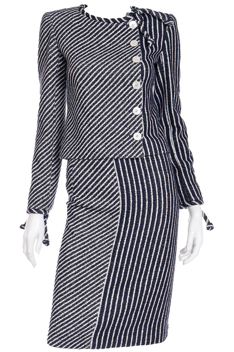 2000s Valentino Navy Blue & White Stripe Jacket & Skirt Suit w Tag