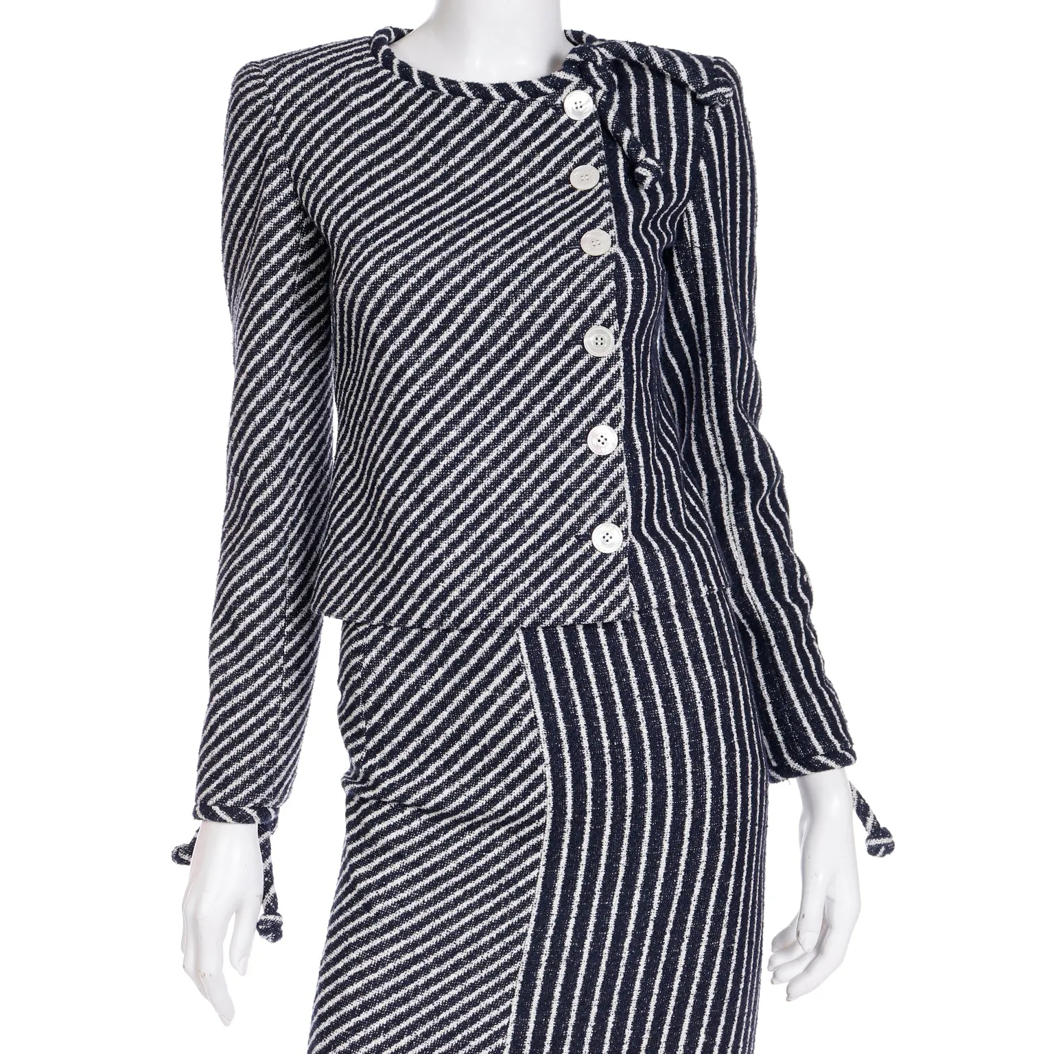 2000s Valentino Navy Blue & White Stripe Jacket & Skirt Suit w Tag