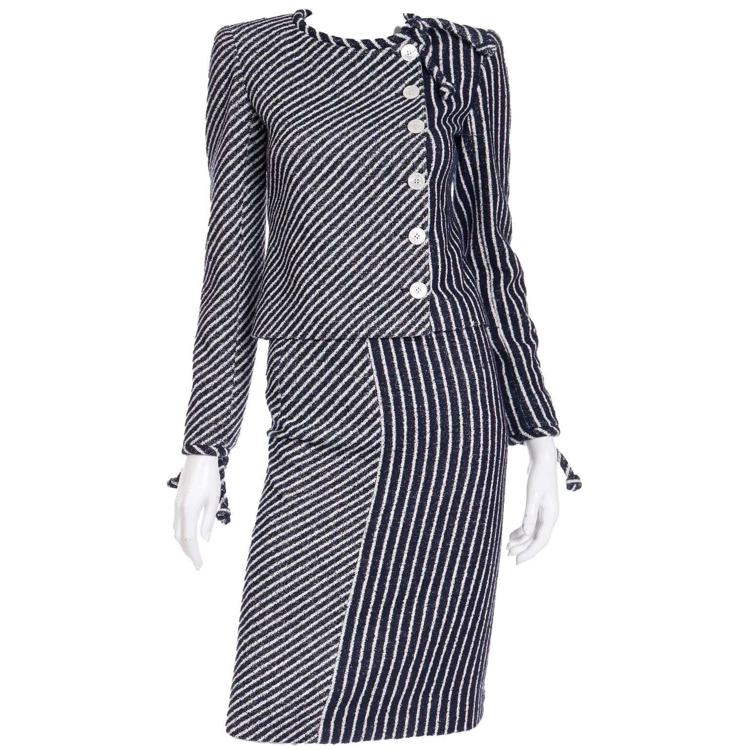 2000s Valentino Navy Blue & White Stripe Jacket & Skirt Suit w Tag