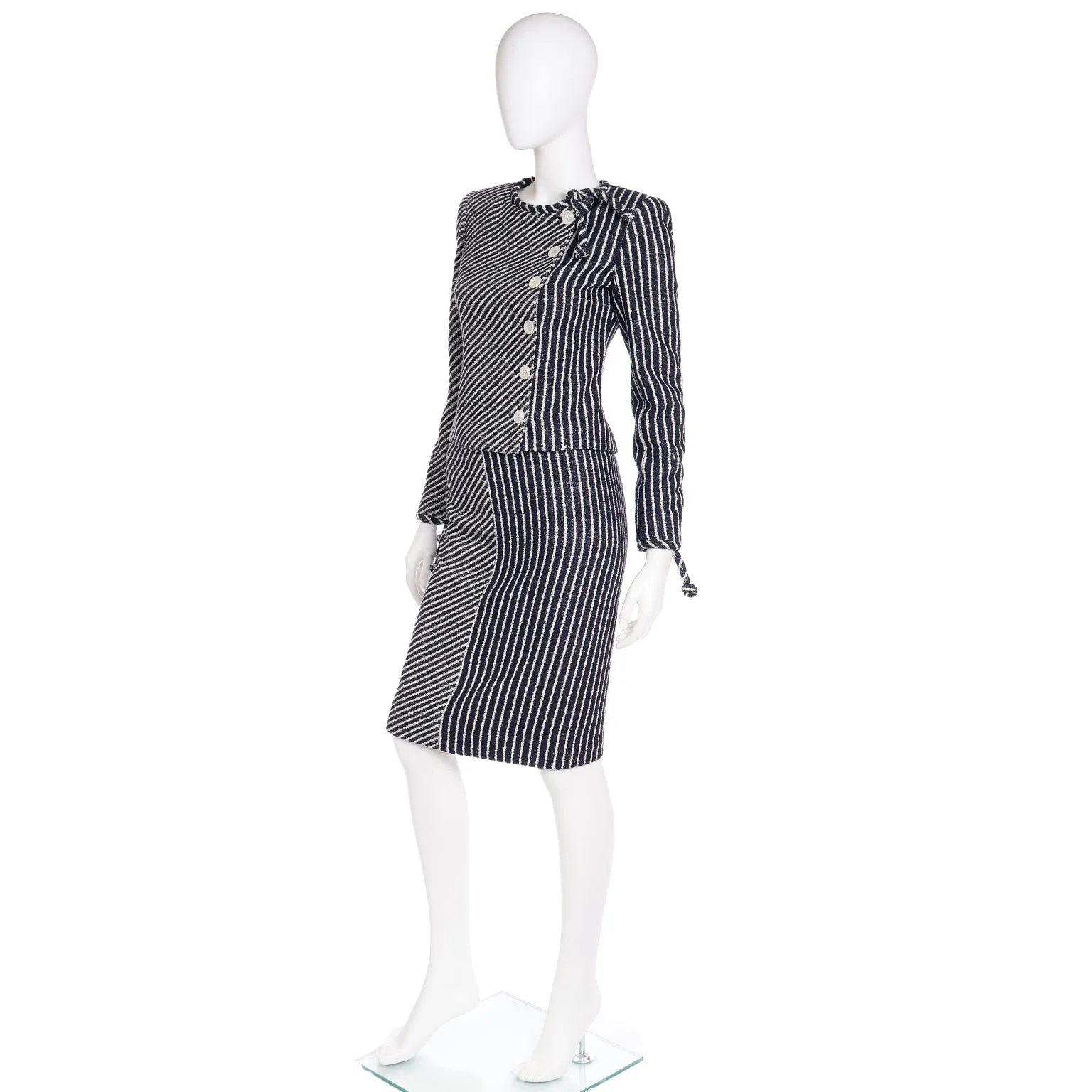 2000s Valentino Navy Blue & White Stripe Jacket & Skirt Suit w Tag