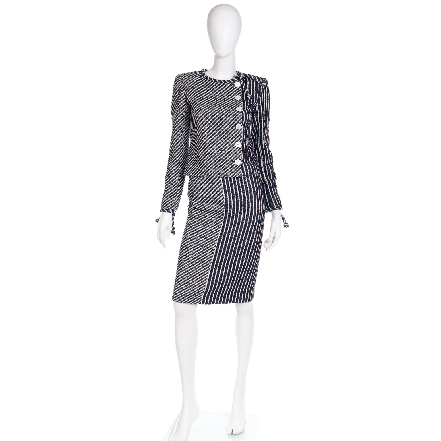 2000s Valentino Navy Blue & White Stripe Jacket & Skirt Suit w Tag