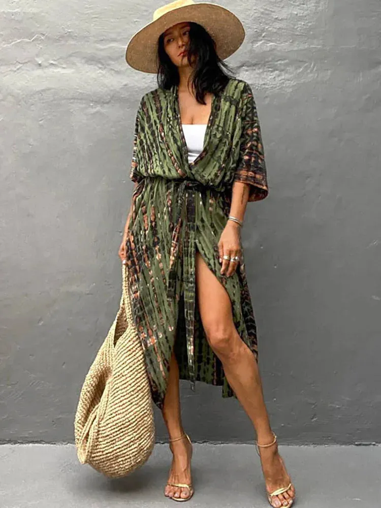 2023 Sexy Bikini Cover-ups Beach Pareo Stripes Tie Dye Kimono Swimsuit Dress Summer Women Beachwear Boho Bathing Suit Cover Up