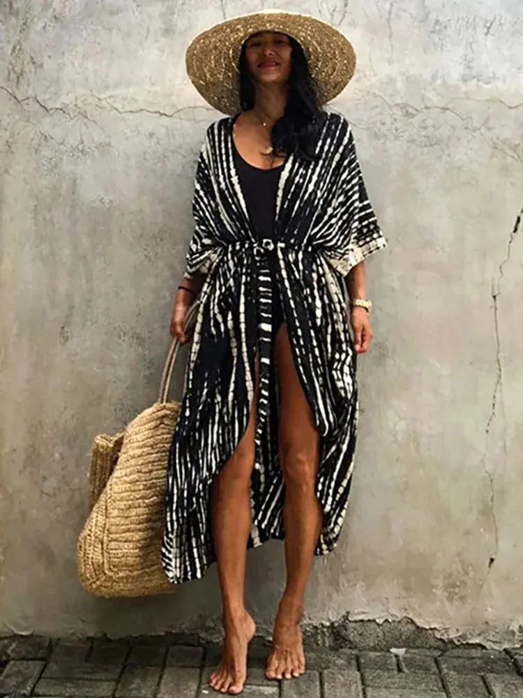 2023 Sexy Bikini Cover-ups Beach Pareo Stripes Tie Dye Kimono Swimsuit Dress Summer Women Beachwear Boho Bathing Suit Cover Up