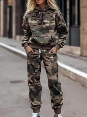 【24-hour shipping】Fashion Retro Camouflage Hooded Pocket Sweatshirt and Pants Two-piece Set