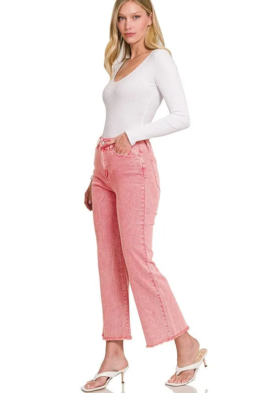 ACID WASHED HIGH WAIST FRAYED HEM BOOTCUT PANTS • MORE COLORS