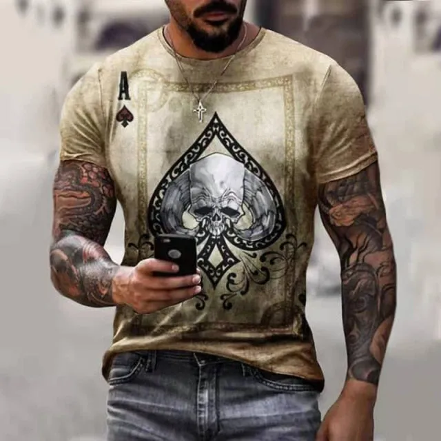 Aidase Horrible Skull Spades Poker T-Shirt Casual Men Summer 3D-Print Extra-Large T-Shirt  Comfort Breathable T-Shirt Tops 110-6XL