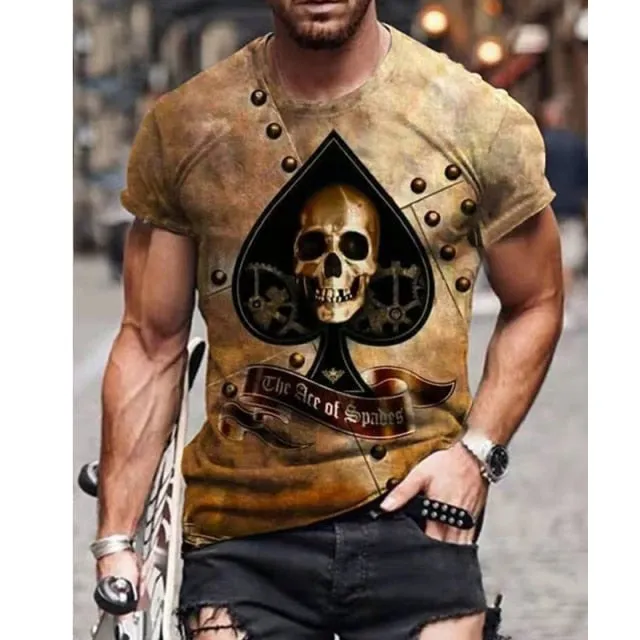 Aidase Horrible Skull Spades Poker T-Shirt Casual Men Summer 3D-Print Extra-Large T-Shirt  Comfort Breathable T-Shirt Tops 110-6XL