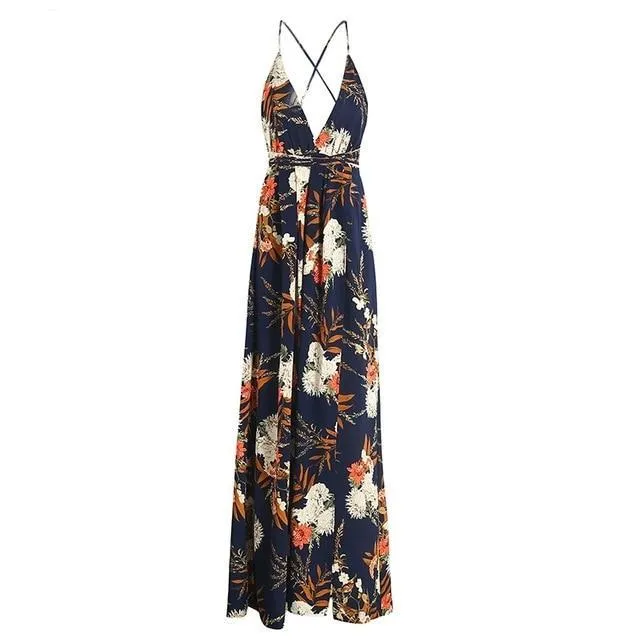 Backless Boho Floral Print Long Chiffon Sexy Dress