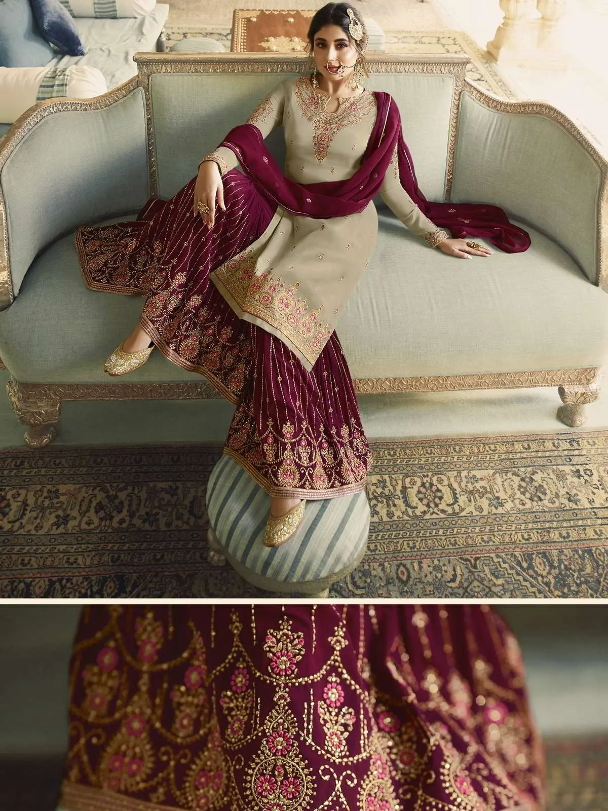 Beige And Maroon Ethnic Embroidered Sharara Suit