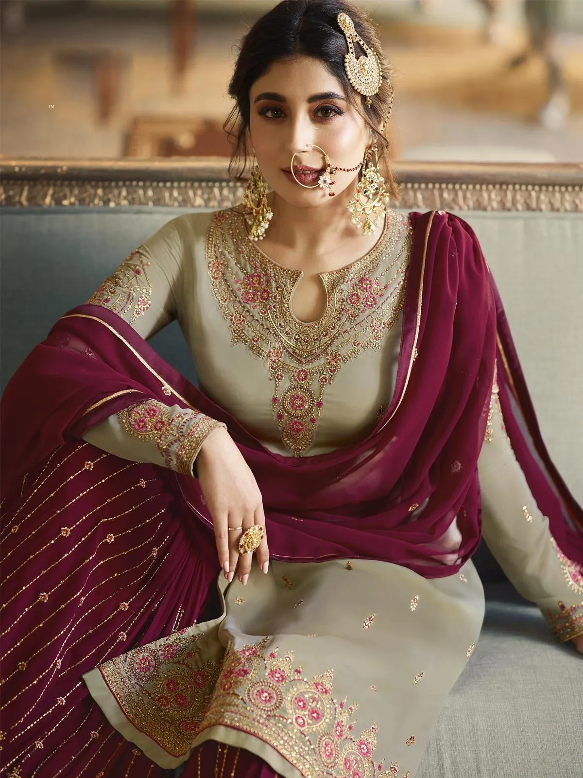 Beige And Maroon Ethnic Embroidered Sharara Suit