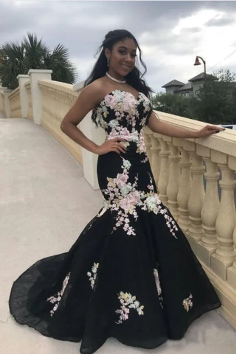 Black Mermaid Prom Dresses Strapless Embroidery Applique Sexy Prom Dresses