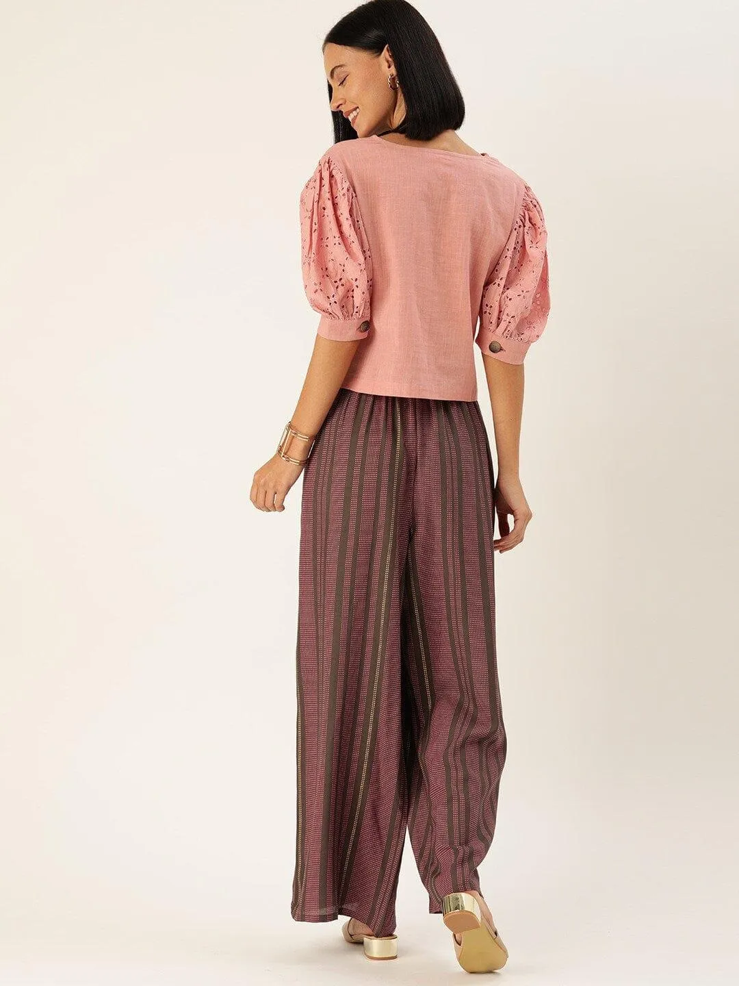 Burgundy & Pink Solid Schiffli Sleeved Top with Palazzos