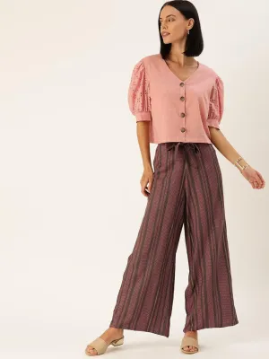 Burgundy & Pink Solid Schiffli Sleeved Top with Palazzos