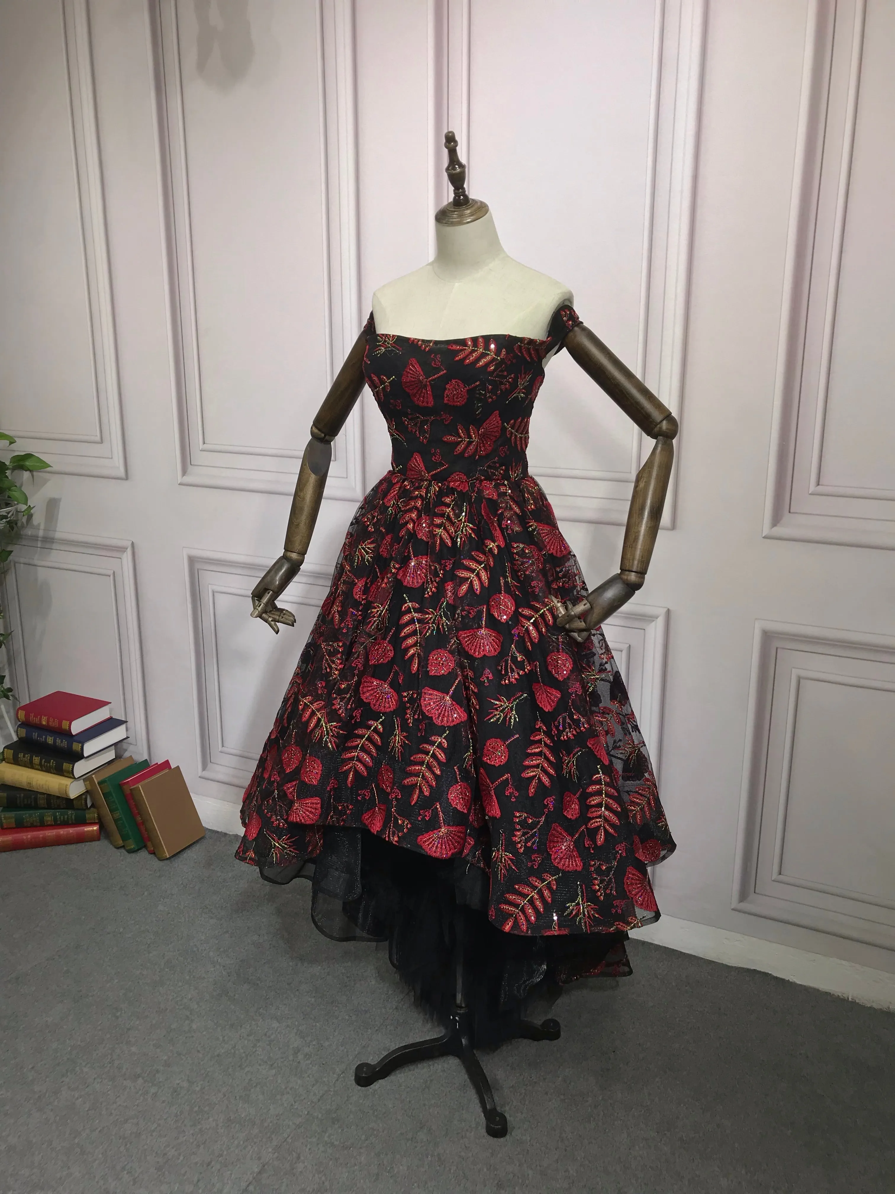 Chic black and red off shoulder hi low prom semi formal dress