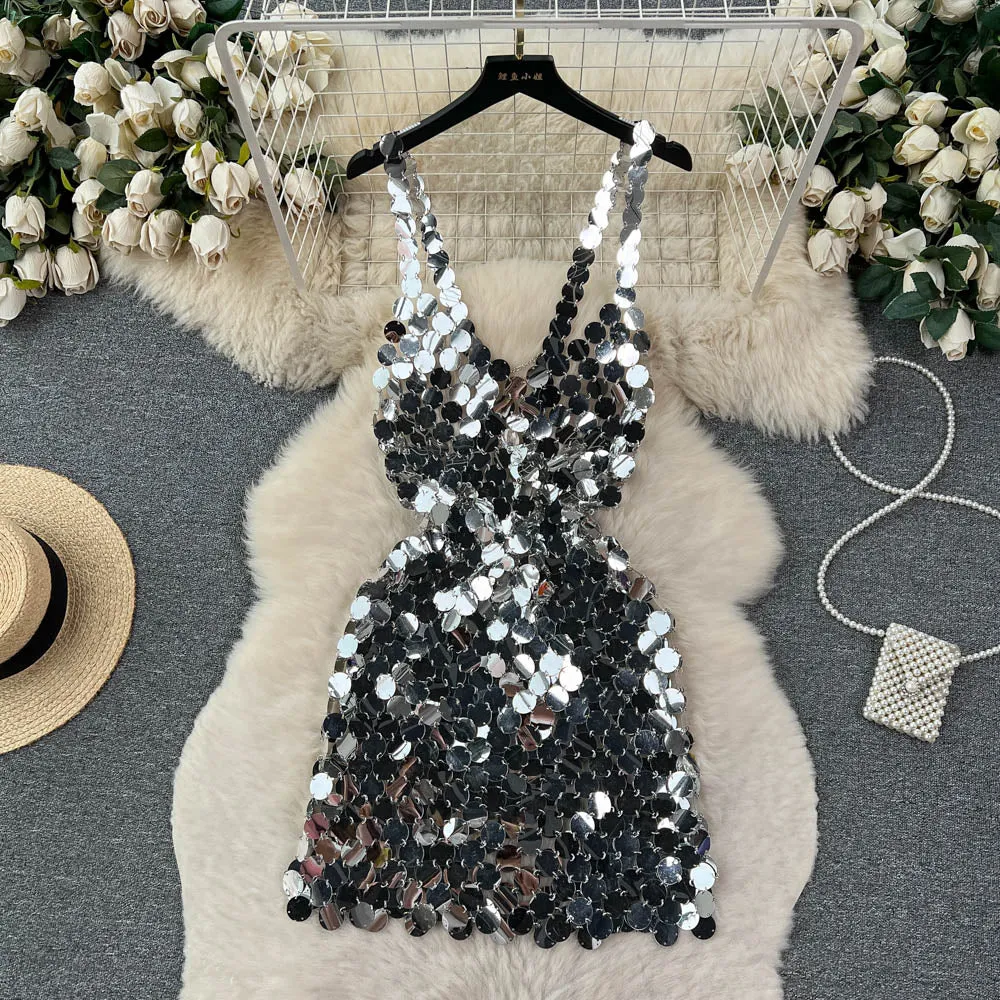 Chic Shiny Sequin Halter Dress