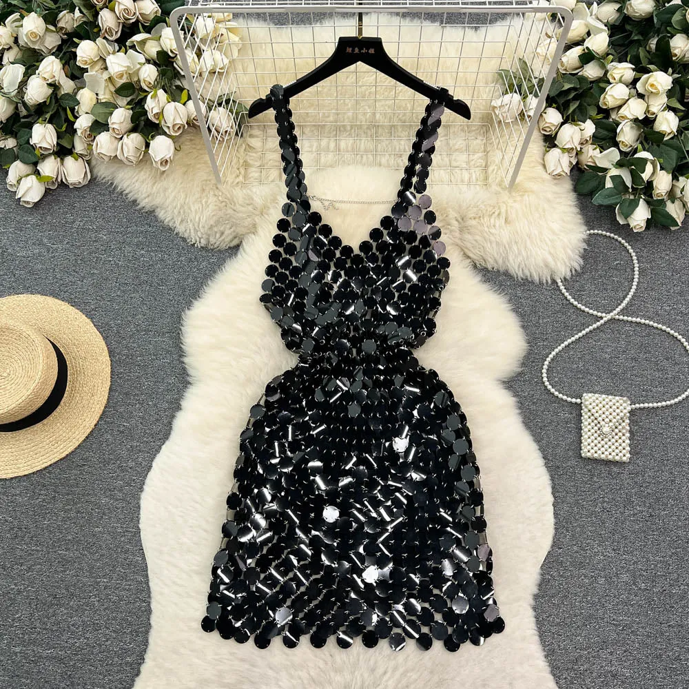 Chic Shiny Sequin Halter Dress