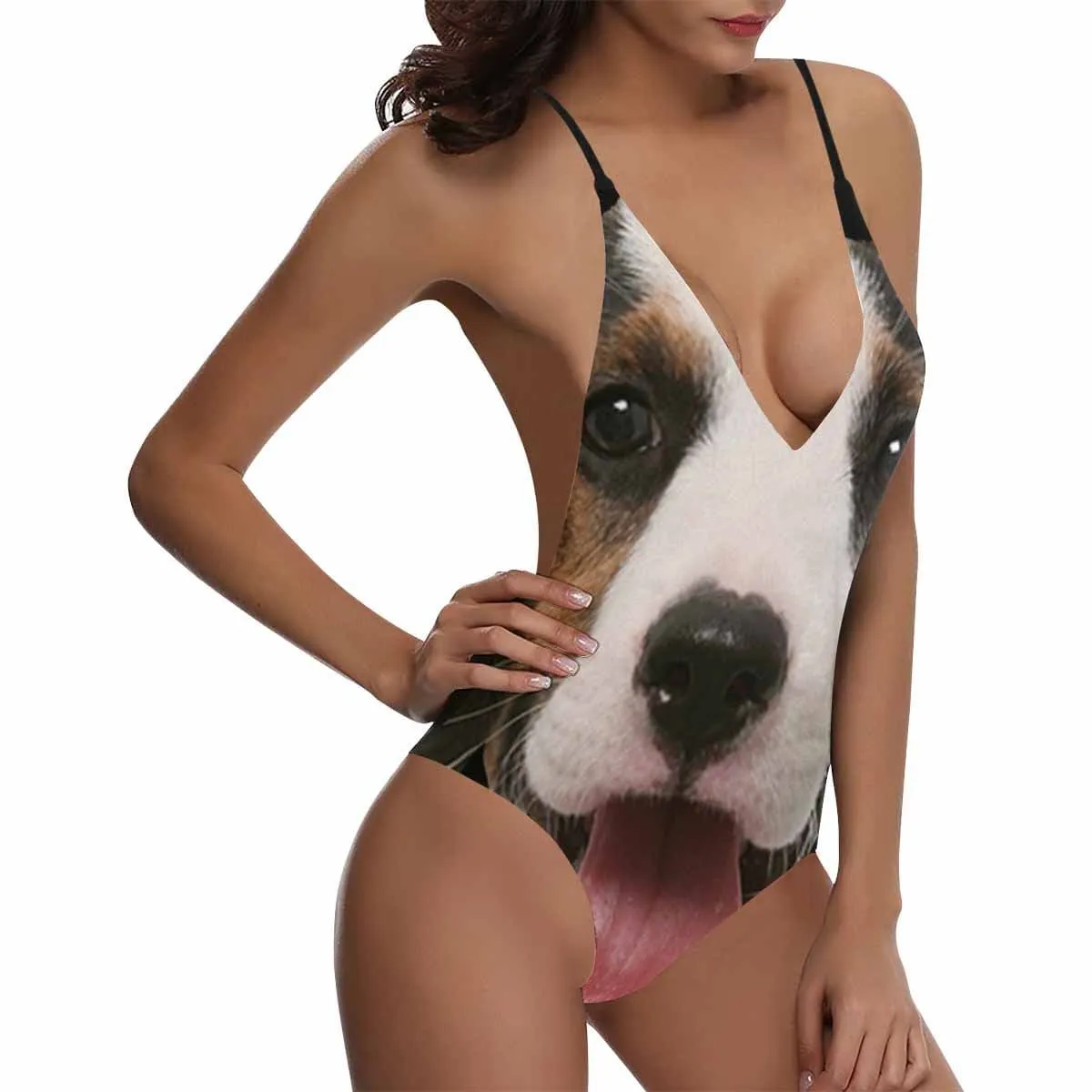 Custom Big Pet Dog Face Swimsuit Personalized Women's Lacing Backless One-Piece Bathing Suit Funny Gift Idea