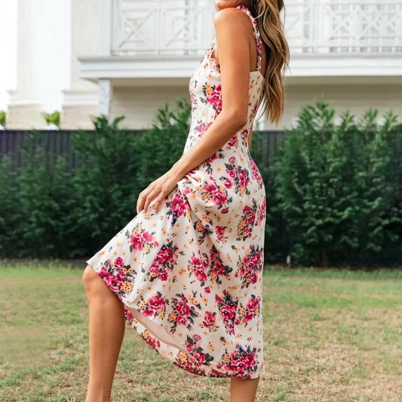 Floral Print Ruffle Sleeveless High Waist Summer Boho Dress