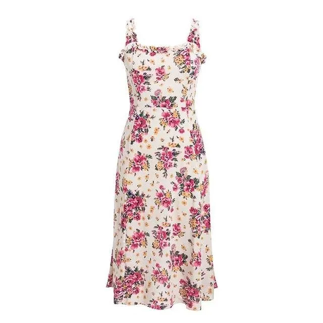 Floral Print Ruffle Sleeveless High Waist Summer Boho Dress