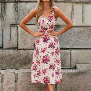 Floral Print Ruffle Sleeveless High Waist Summer Boho Dress