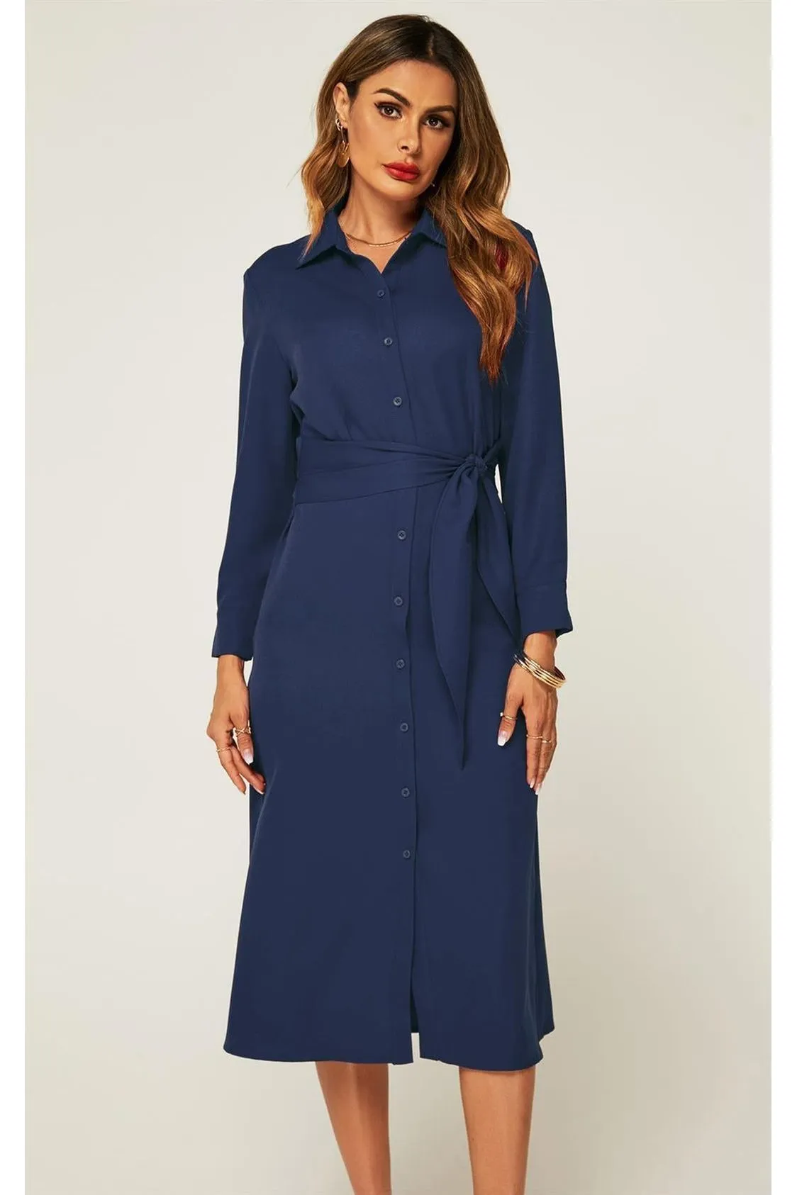 FS Collection Navy Midi Shirt Dress With Tie Waist