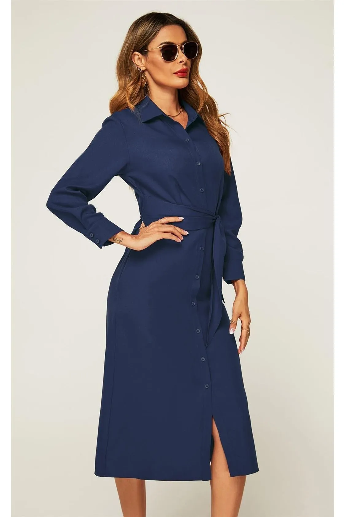 FS Collection Navy Midi Shirt Dress With Tie Waist