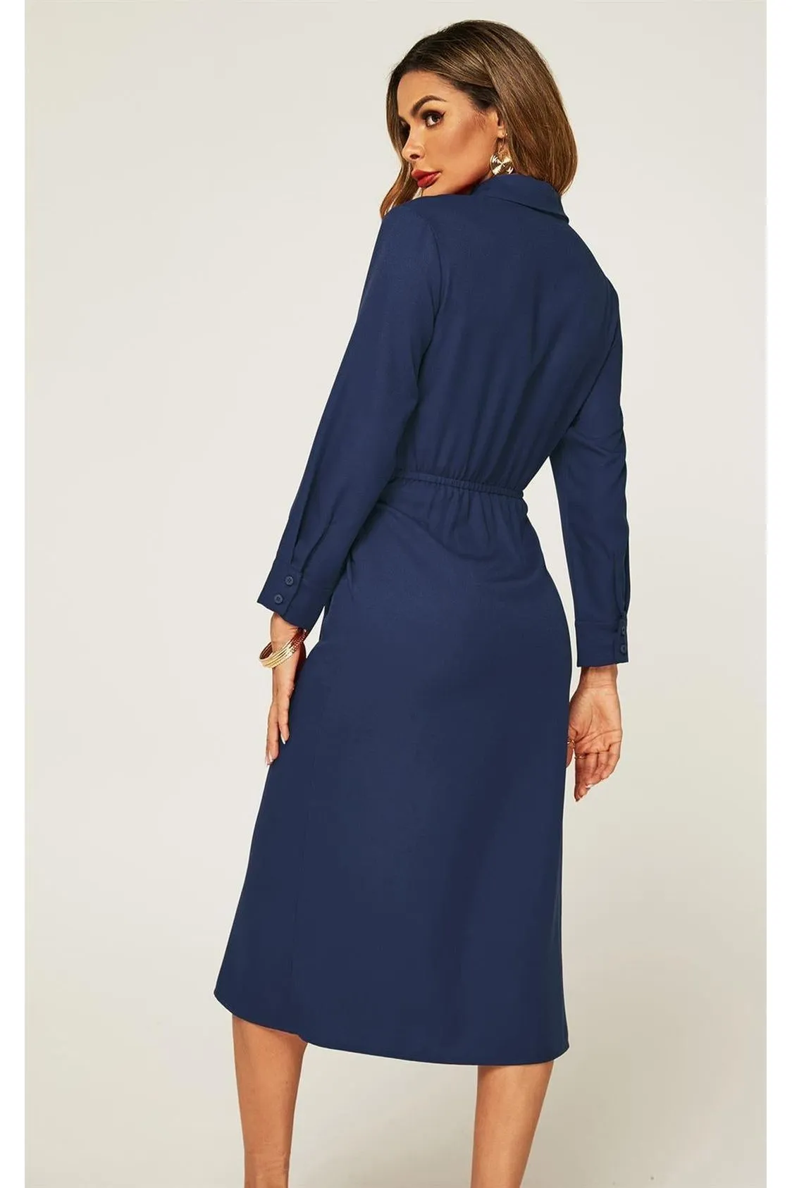 FS Collection Navy Midi Shirt Dress With Tie Waist