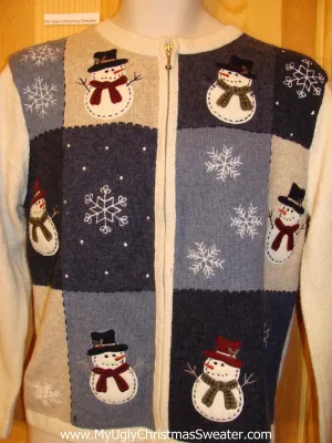 Funny Ugly Sweater with Blocks of Snowflakes and Snowmen