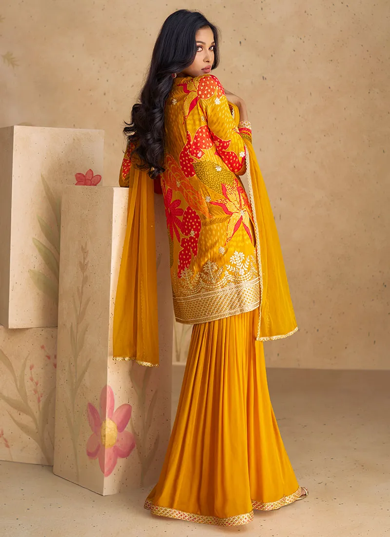 Golden Yellow Sequence Embroidery Printed Gharara Suit