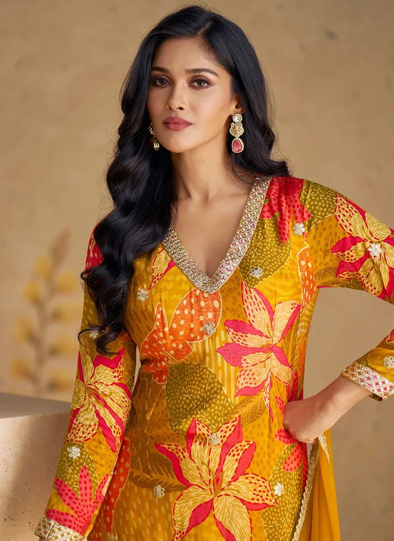 Golden Yellow Sequence Embroidery Printed Gharara Suit