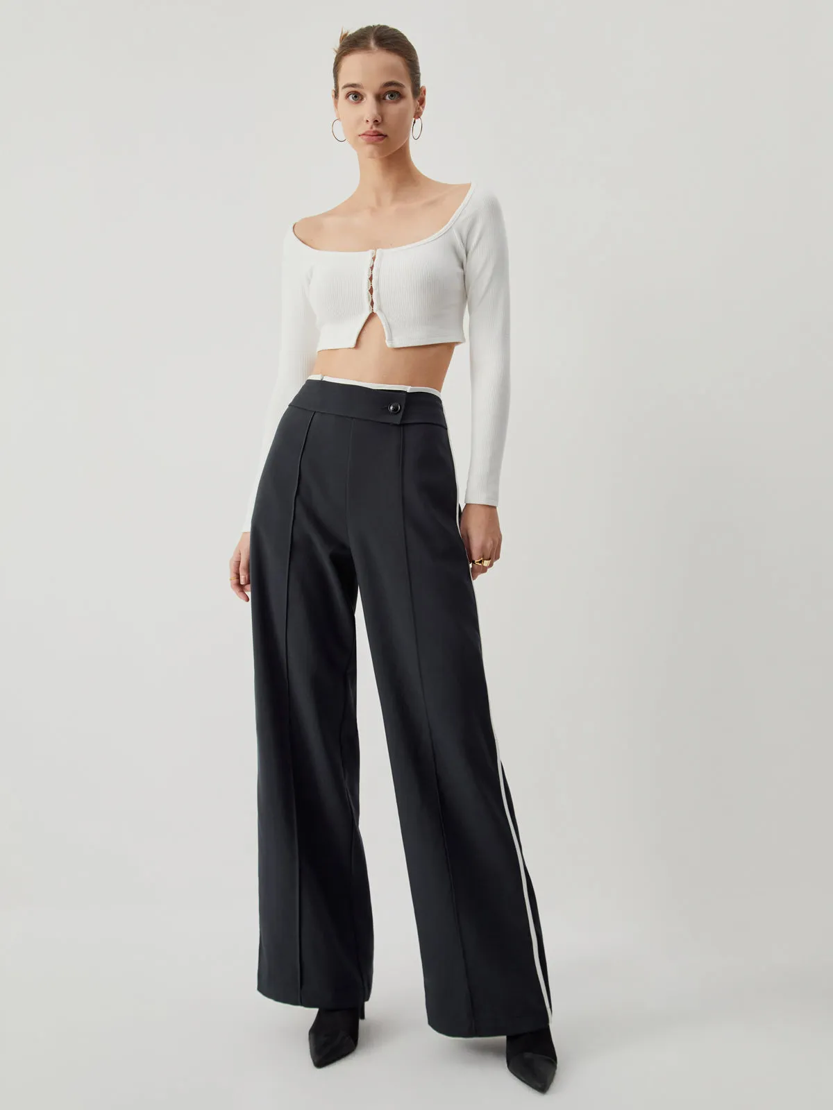 High Waist Contrast Trendy Trim Wide Leg Pants