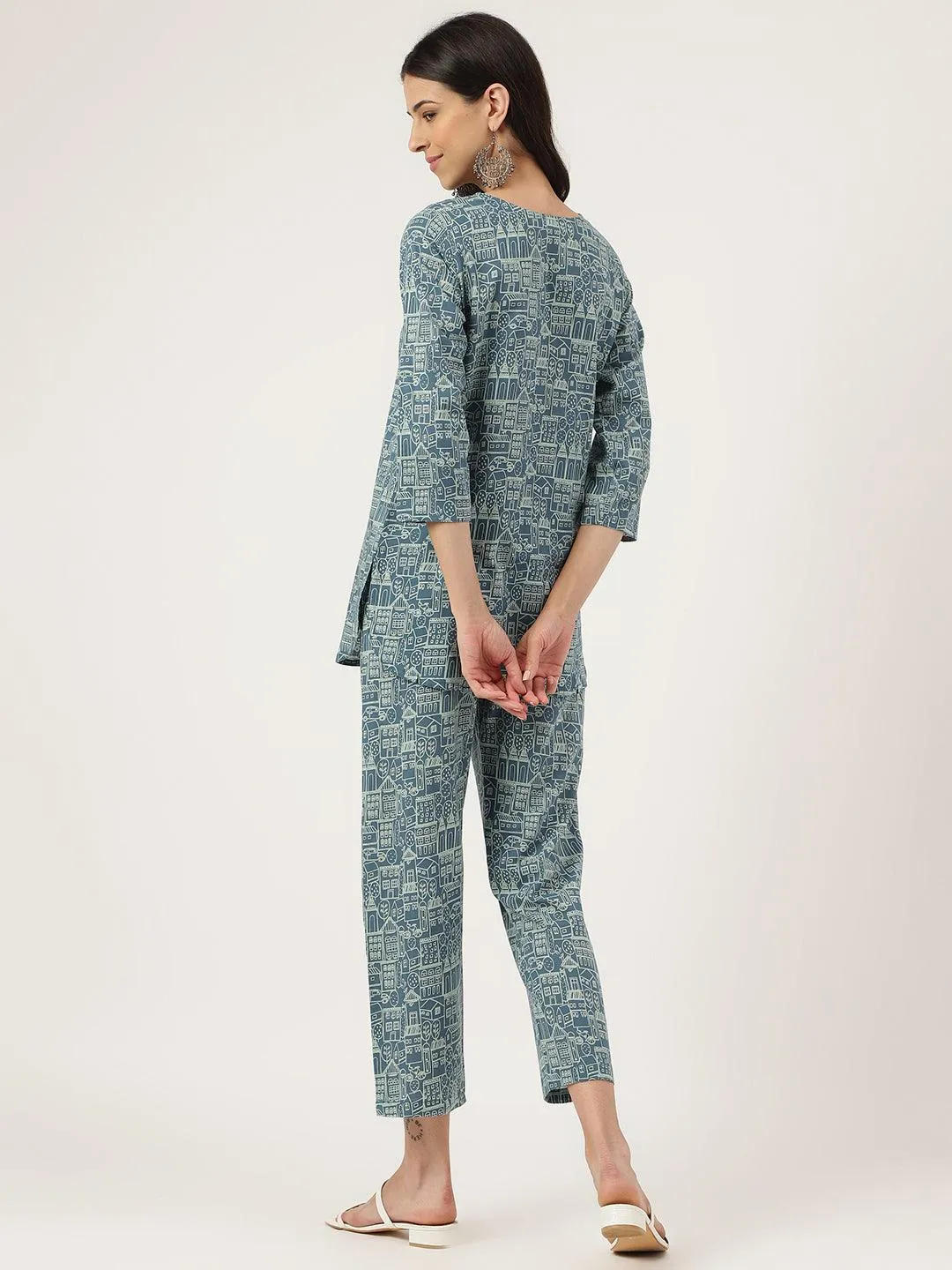 Jashvi Teal Blue Printed Loungewear/Nightwear