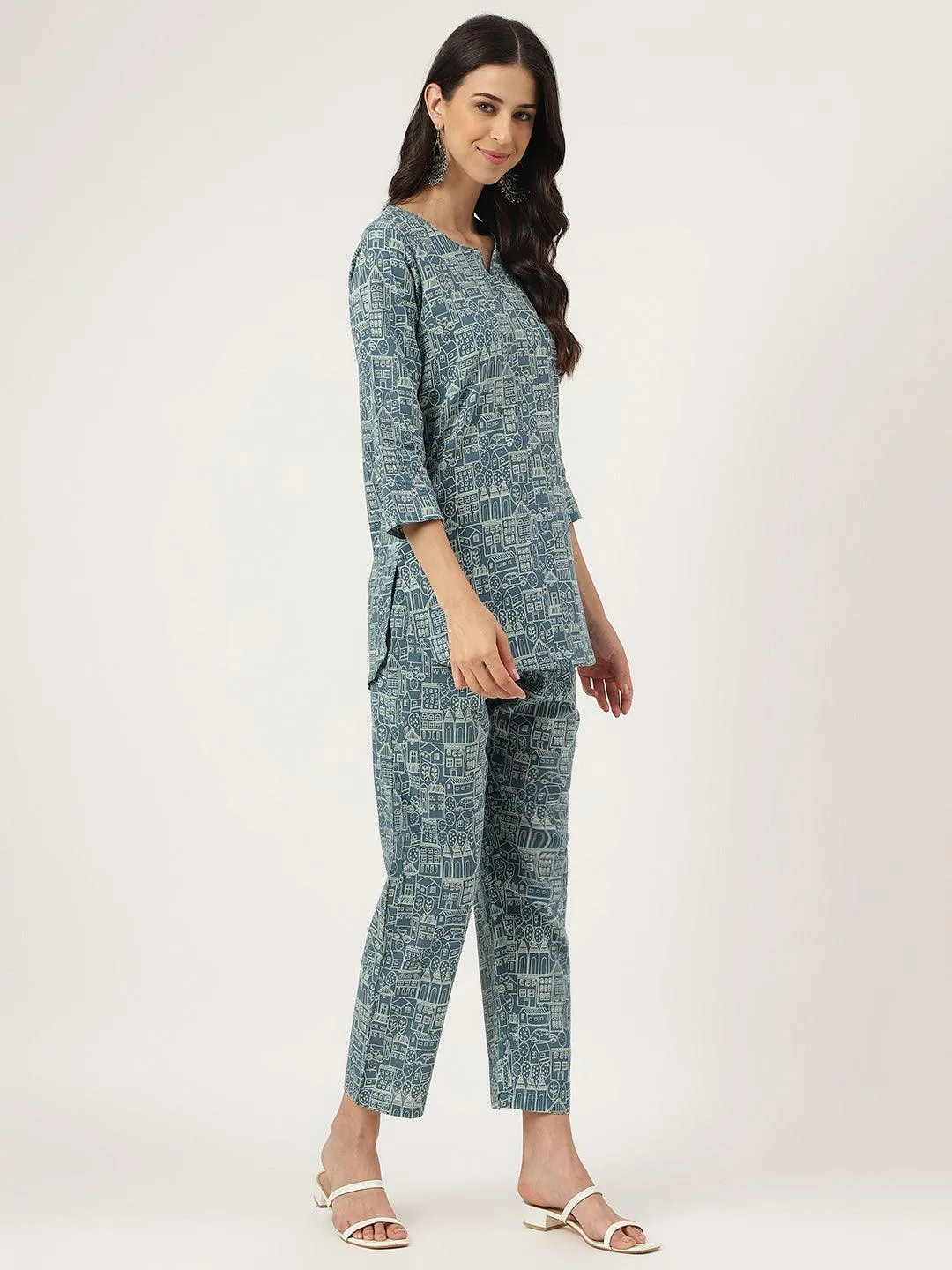 Jashvi Teal Blue Printed Loungewear/Nightwear