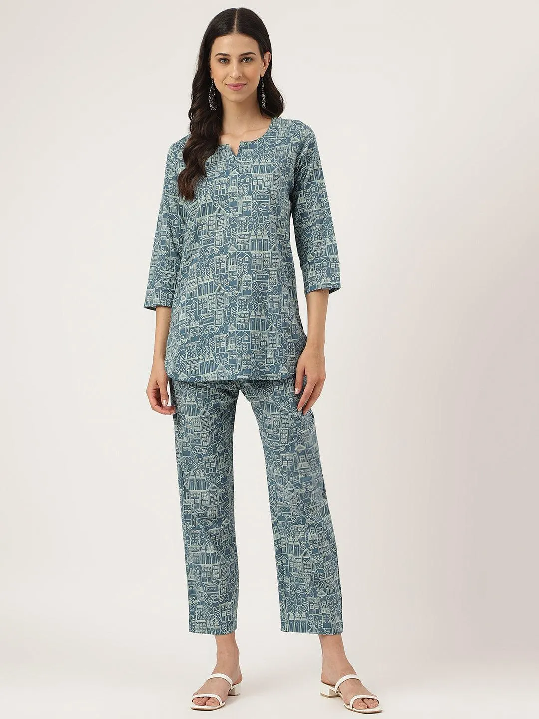 Jashvi Teal Blue Printed Loungewear/Nightwear