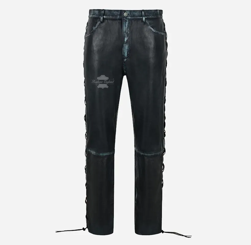 Men's Laced Biker Leather Pants Soft Leather Fashion Pants