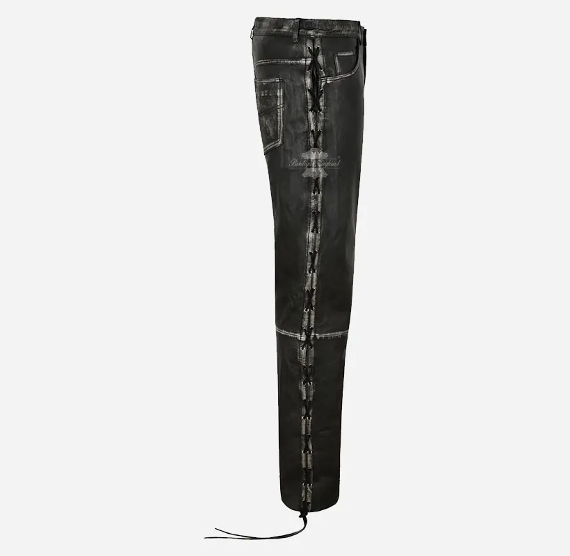 Men's Laced Biker Leather Pants Soft Leather Fashion Pants