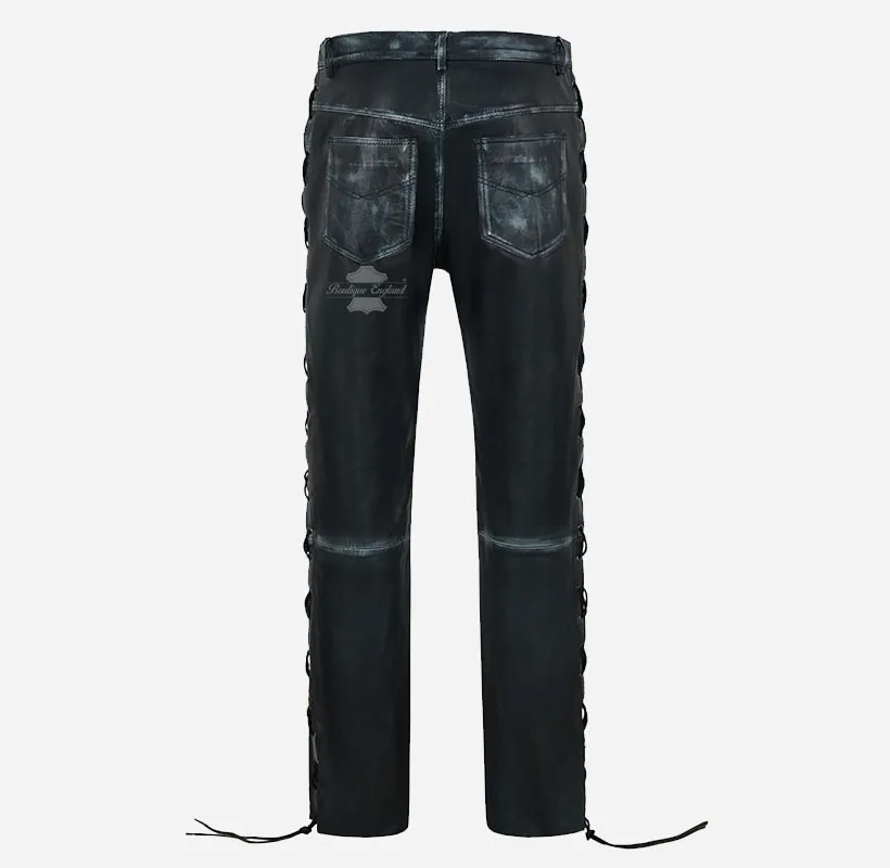 Men's Laced Biker Leather Pants Soft Leather Fashion Pants