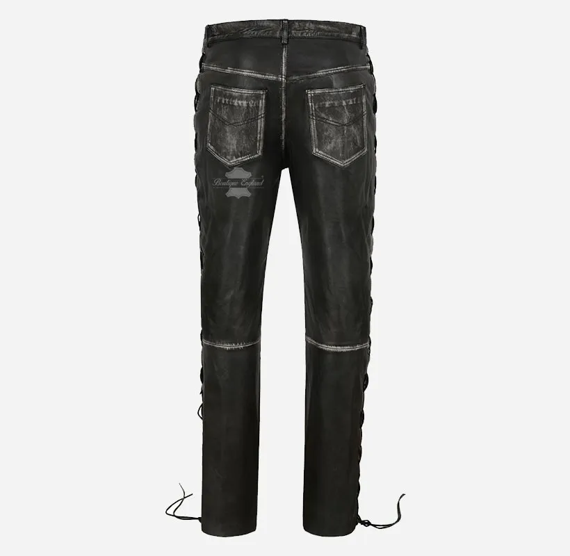 Men's Laced Biker Leather Pants Soft Leather Fashion Pants