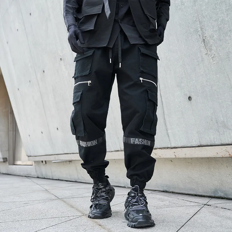 Men's Trendy Wide Black Cargo Pants with Fashion Print | Perfect for Everyday Wear