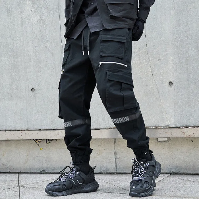 Men's Trendy Wide Black Cargo Pants with Fashion Print | Perfect for Everyday Wear