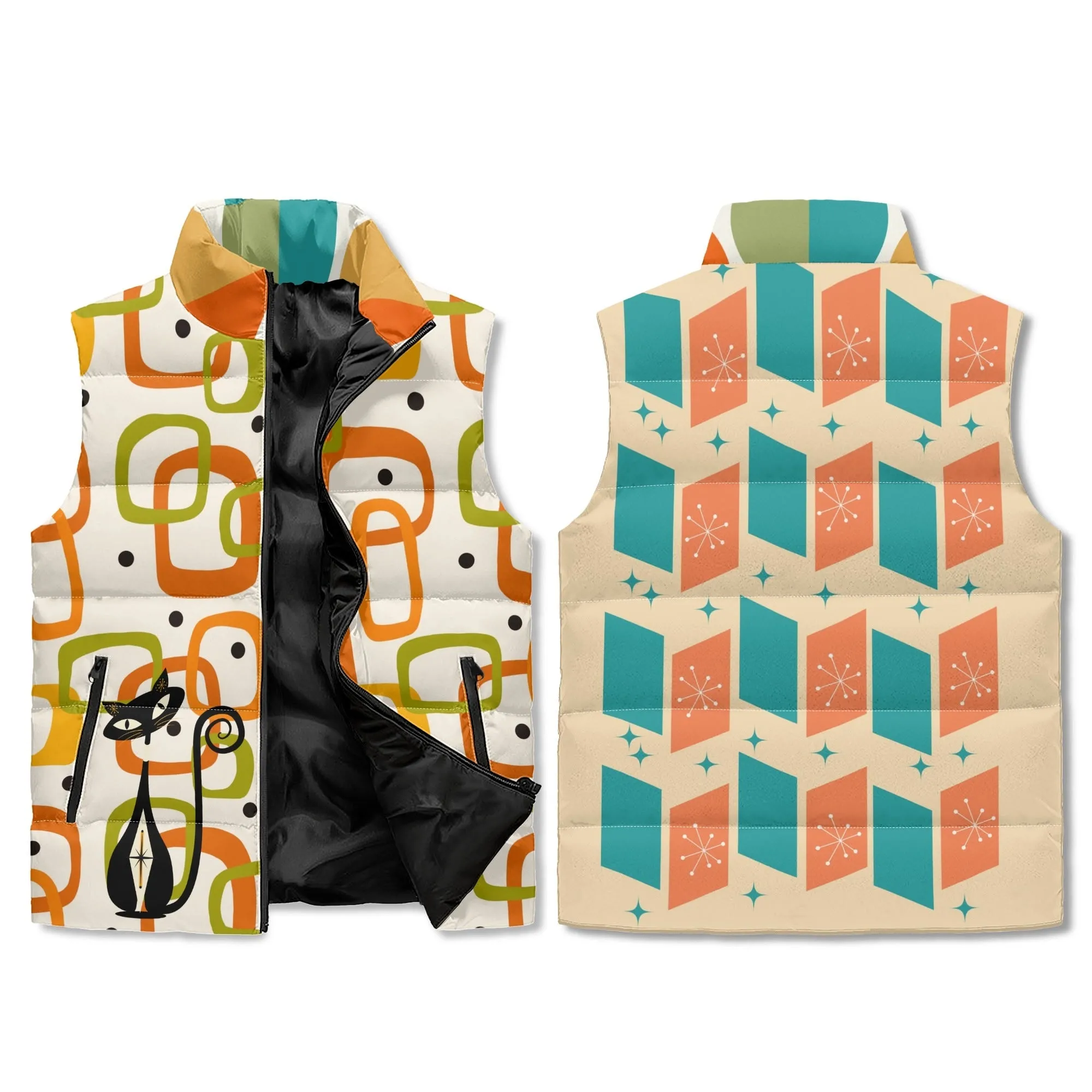 Mid Mod Atomic Cat, Retro Groovy Geometric Hip, Fun And Funky Puffer Vest