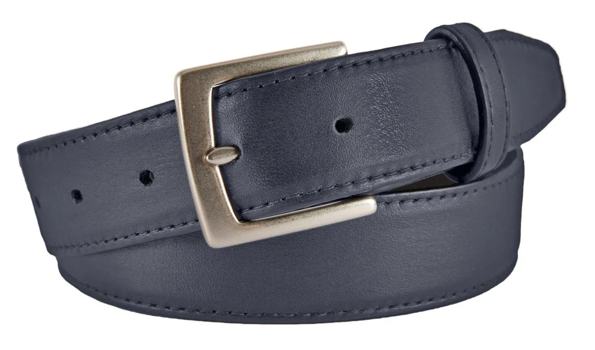 Navy Smooth Leather Belt, Signature Buckle (Brushed Silver)