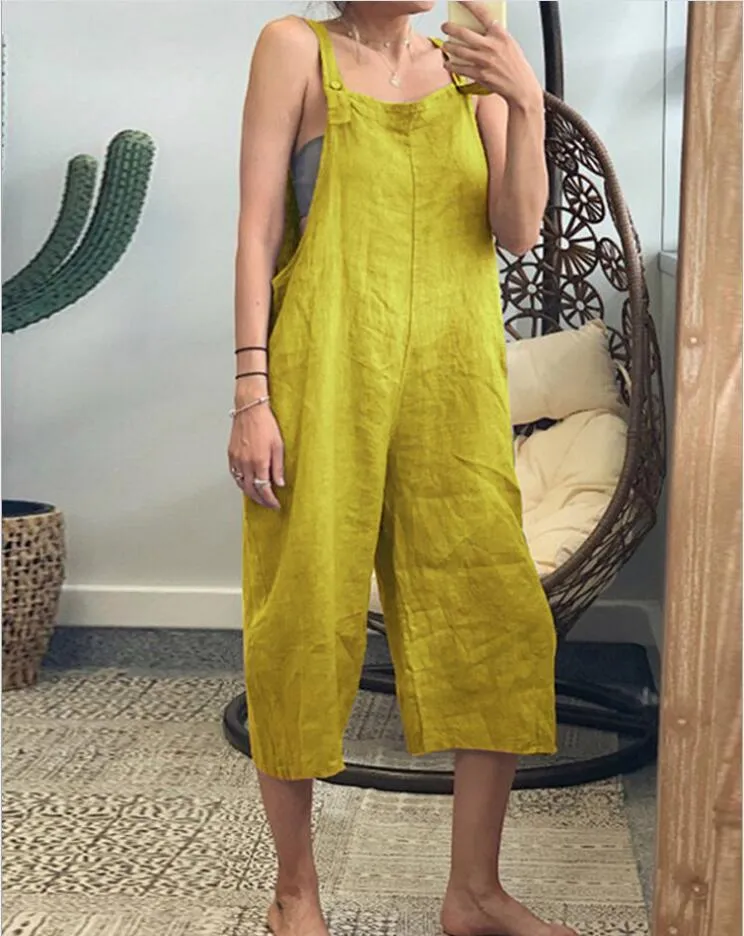 Pure Color Cotton Strap Jumpsuit