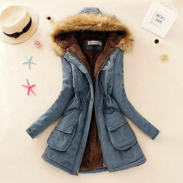 QIUXUAN Women Parka Fashion Autumn Winter Warm Jackets Women Fur Collar Coats Long Parkas Hoodies Office Lady Cotton Plus Size