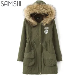 Saimishi Winter Warm Coat Women Long Parkas Fashion Faux Fur Hooded Womens Overcoat Casual Cotton Padded Jacket Mutil Colors