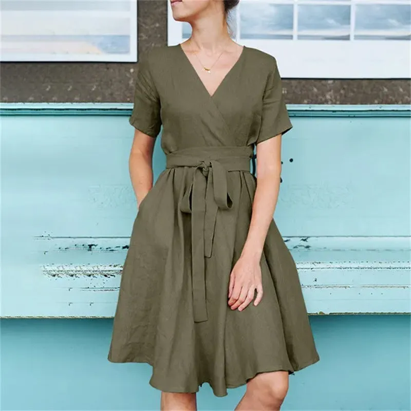 Solid Color Short Sleeves Bow Belt Cotton Dress