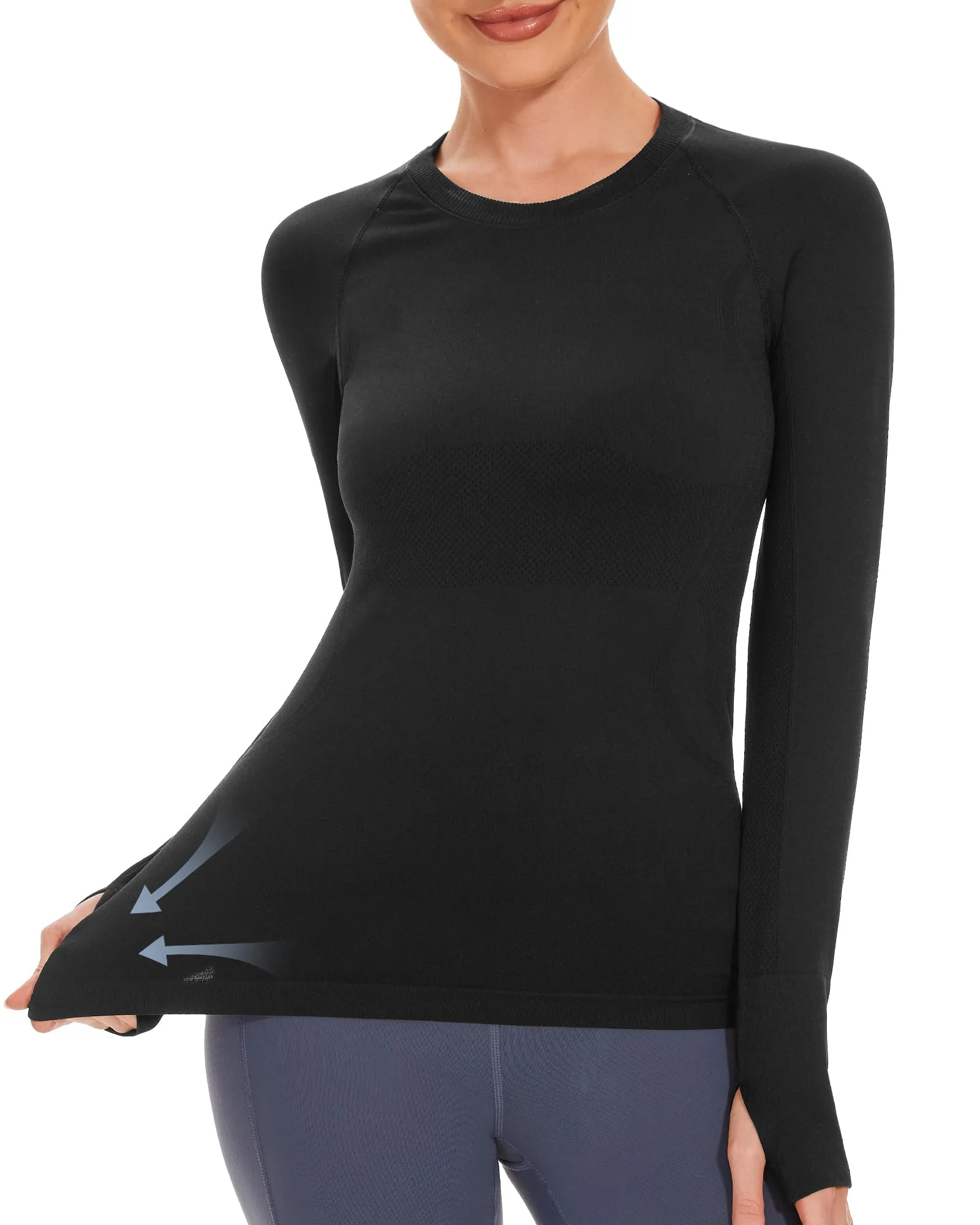 Stelle Women Workout Shirts Seamless Long Sleeve Yoga Tops with Thumb Holes for Sports Running Breathable Athletic Slim Fit (Black,XS)