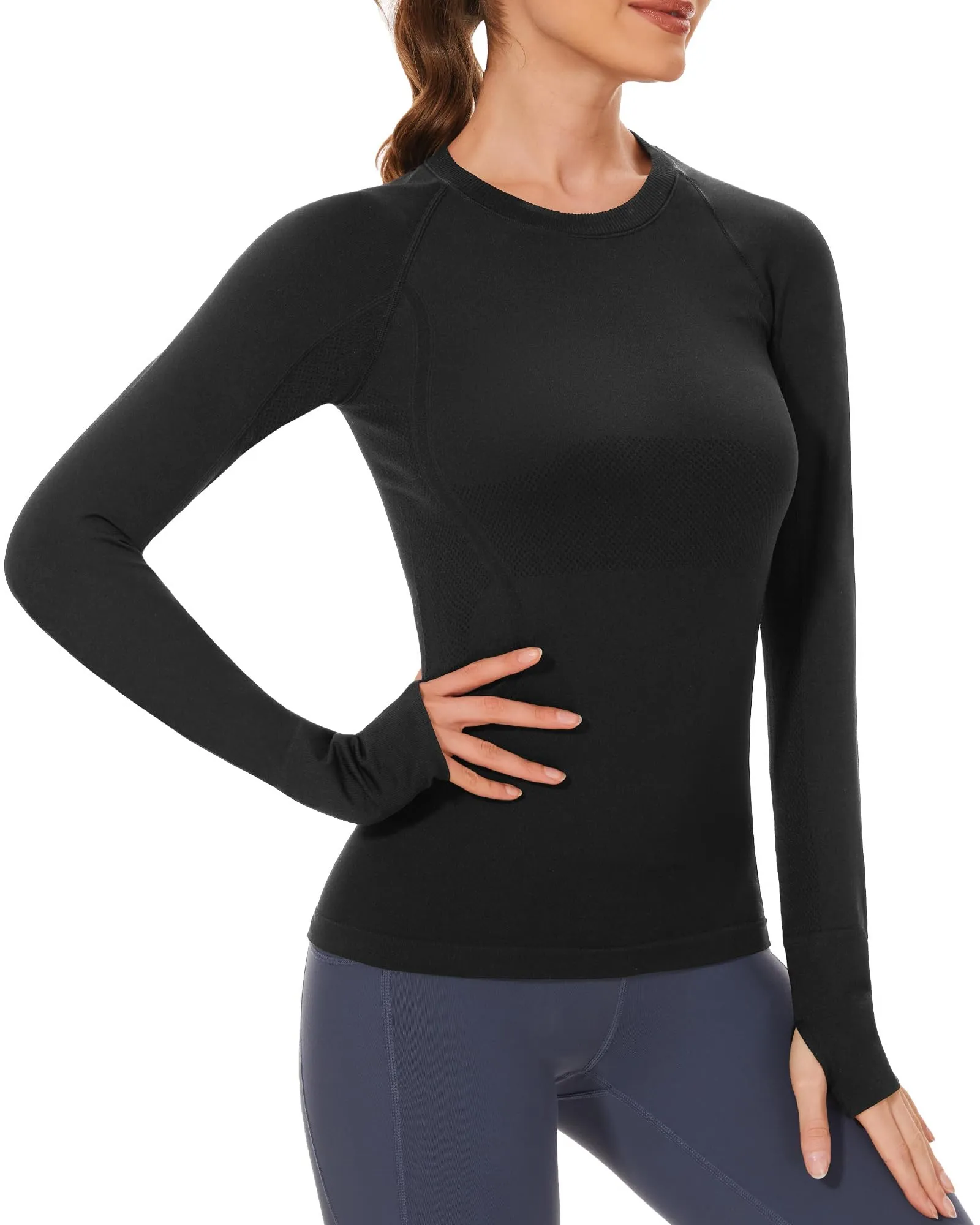 Stelle Women Workout Shirts Seamless Long Sleeve Yoga Tops with Thumb Holes for Sports Running Breathable Athletic Slim Fit (Black,XS)