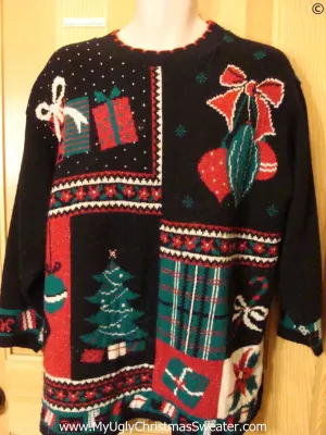 Tacky 80s Christmas Sweater with Gifts Bow and Tree