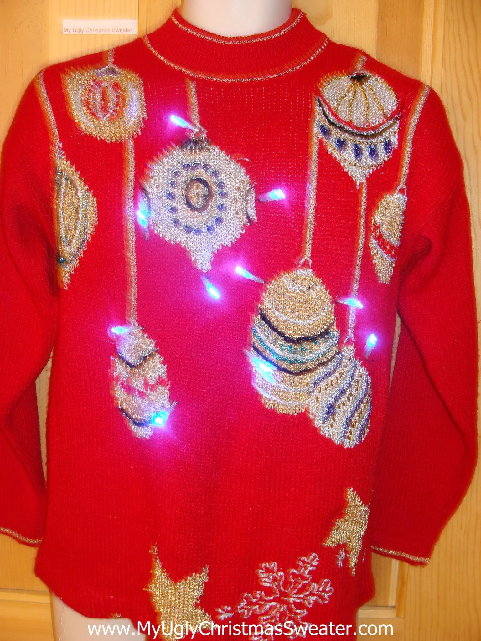 Tacky Light Up Christmas Sweater 80s Red Pullover with Bling Ornaments